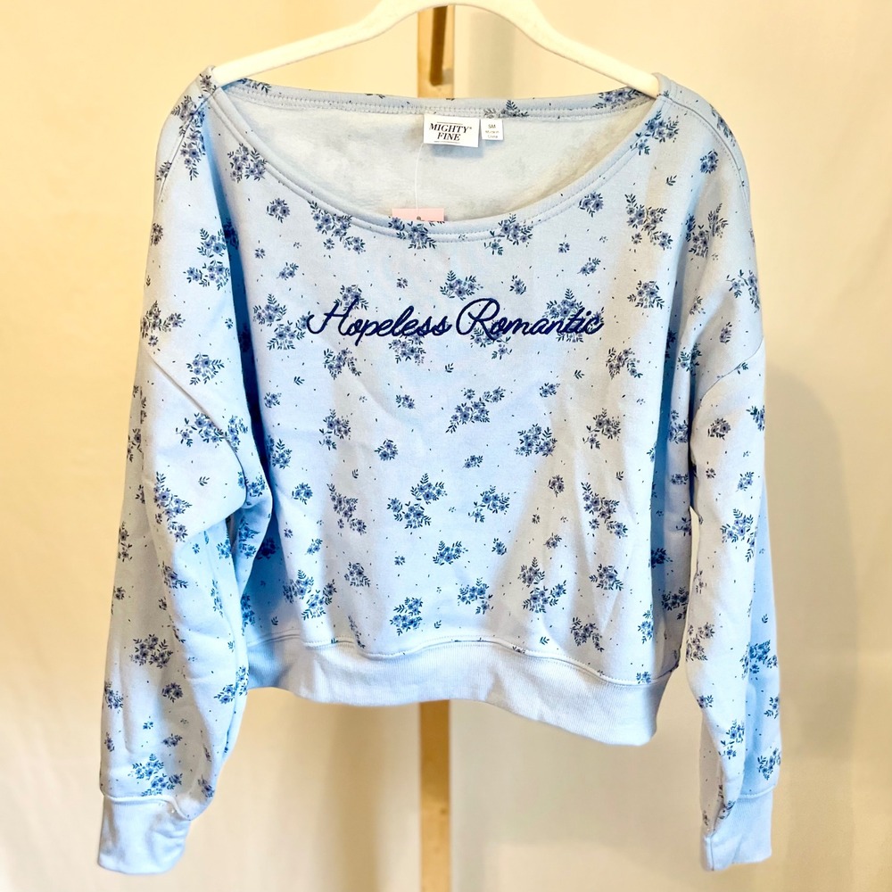 Mighty Fine‎ Hopeless Romantic Floral Off Shoulder Cropped Sweatshirt Blue SM